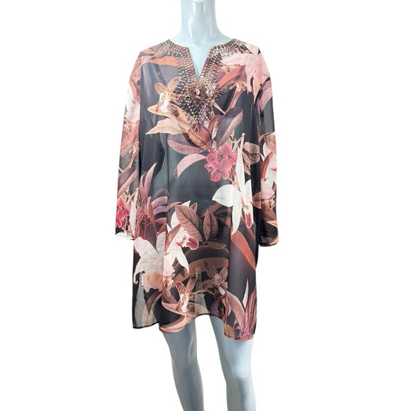 Chico's Tops - Women's Chicos Sz‎ 4 Embellished Sheer Multicolored Floral Top beaded Sequined